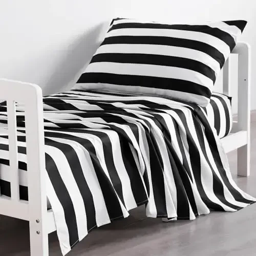 NTBAY Toddler Sheet Set, 3-Piece Ultra Soft Microfiber Bedding Set for Crib and Toddler Bed, Machine Washable - Includes Fitted Sheet, Flat Sheet, and Pillowcase, Black and White Stripe - 5