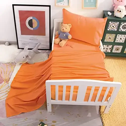 NTBAY Toddler Sheet Set, 3-Piece Ultra Soft Microfiber Bedding Set for Crib and Toddler Bed, Machine Washable - Includes Fitted Sheet, Flat Sheet, and Pillowcase, Orange - 6