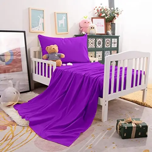 NTBAY Toddler Sheet Set, 3-Piece Ultra Soft Microfiber Bedding Set for Crib and Toddler Bed, Machine Washable - Includes Fitted Sheet, Flat Sheet, and Pillowcase, Purple - 2