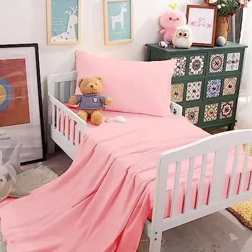 NTBAY Toddler Sheet Set, Ultra Soft Microfiber Crib Bedding, 3-Piece Machine Washable Sheets & Pillowcase, Pink - 6