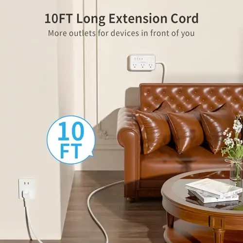 NTONPOWER 10FT Extension Cord with Surge Protector, 2 Prong to 3 Prong Adapter, 1875W Power Strip with 4 USB Ports (2 USB C), Wall Mount Flat Plug Extension Cord for Old House - 3