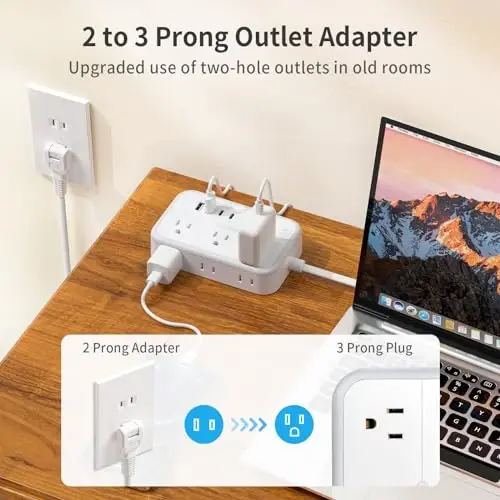 NTONPOWER 10FT Extension Cord with Surge Protector, 2 Prong to 3 Prong Adapter, 1875W Power Strip with 4 USB Ports (2 USB C), Wall Mount Flat Plug Extension Cord for Old House - 4