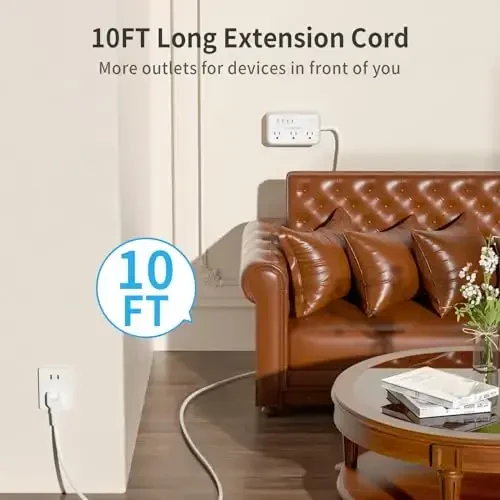 NTONPOWER 10FT Extension Cord with Surge Protector, 2 Prong to 3 Prong Adapter, 1875W Power Strip with 4 USB Ports (2 USB C), Wall Mount Flat Plug Extension Cord for Old House - 3