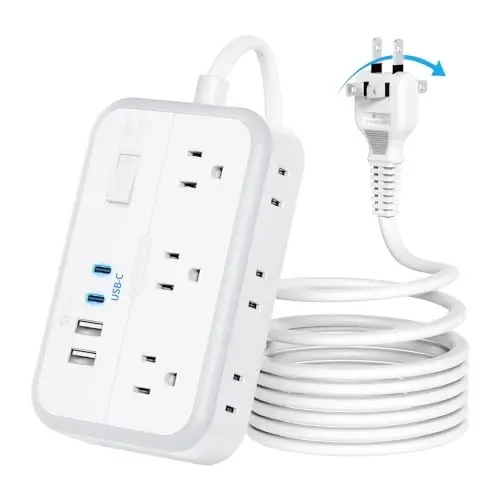 NTONPOWER 10FT Uzaytirgich Simi, Zaryad Himoyachisi bilan, 2 Vilkali 3 Vilkali Adapterga, 4 USB Portli (2 USB C) 1875W Quvvat Tasmasi, Eski Uy uchun Devorga O'rnatilgan Yassi Vilka Uzaytirgich Simi - 1