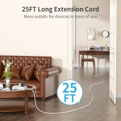 NTONPOWER 2 Prong Extension Cord 25 FT, 1080 Joules Surge Protector Power Strip with 6 Outlets 4 USB Ports(2 USB C), 1875W Three Prong to Two Prong Adapter, Rotating Flat Plug, Ideal for Old House - NTONPOWER (1)