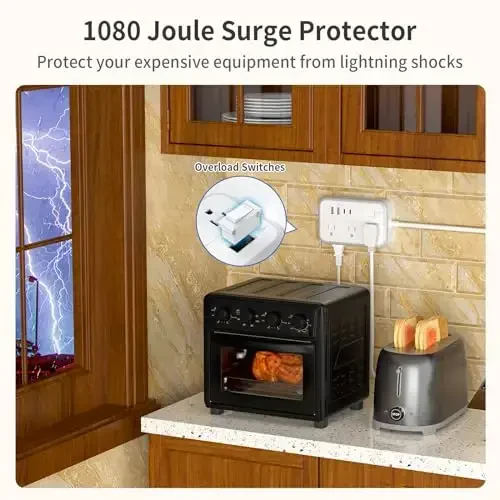 NTONPOWER 2 Prong Extension Cord 25 FT, 1080 Joules Surge Protector Power Strip with 6 Outlets 4 USB Ports(2 USB C), 1875W Three Prong to Two Prong Adapter, Rotating Flat Plug, Ideal for Old House - 4