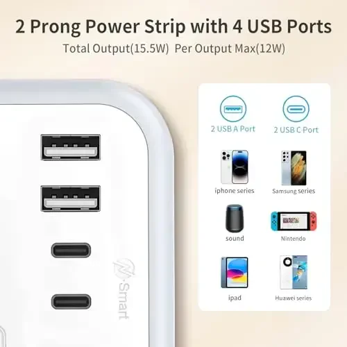 NTONPOWER 2 Prong Extension Cord 25 FT, 1080 Joules Surge Protector Power Strip with 6 Outlets 4 USB Ports(2 USB C), 1875W Three Prong to Two Prong Adapter, Rotating Flat Plug, Ideal for Old House - 5