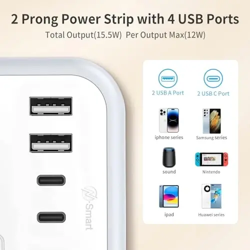 NTONPOWER 2 Prong Power Strip, 1875W/15A 2 Prong to 3 Prong Outlet Adapter, Surge Protector Power Strip with 4 USB Ports(2 USB C), 5 FT Rotating Flat Plug Extension Cord for Old House, Wall Mount - 5