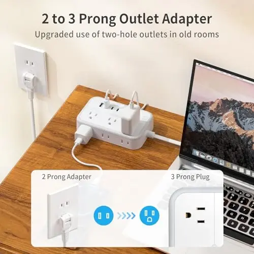 NTONPOWER 2 Prong Power Strip, 1875W/15A 2 Prong to 3 Prong Outlet Adapter, Surge Protector Power Strip with 4 USB Ports(2 USB C), 5 FT Rotating Flat Plug Extension Cord for Old House, Wall Mount - 2
