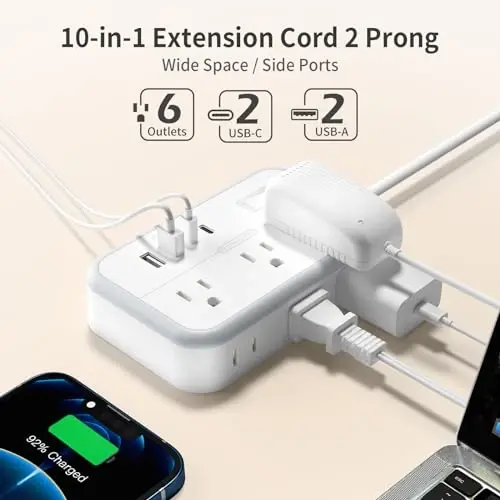 NTONPOWER 10FT Extension Cord 2 Prong, 2 Prong to 3 Prong Outlet Adapter, 1875W 2 Prong Power Strip with 4 USB Ports(2 USB C),Wall Mount Flat Plug Extension Cord Old House - 5