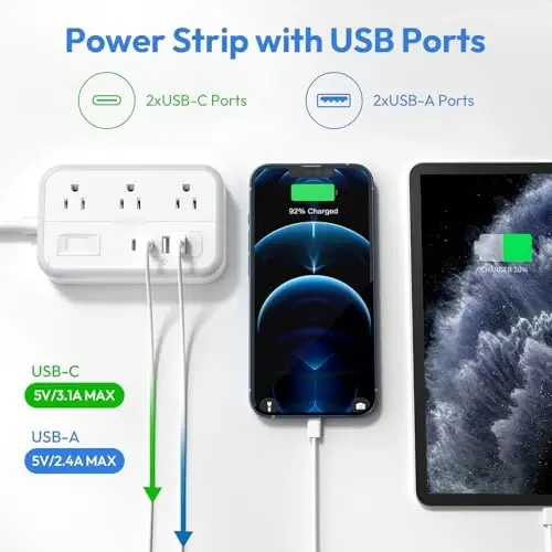 Surge Protector Power Strip with 6 Outlets 4 USB Port, 5 Ft Flat Plug Extension Cord Outlet Extender, White Extension Cord with Multiple Outlets for Indoor, Home, Office Supplies, Dorm Room Essentials - 2