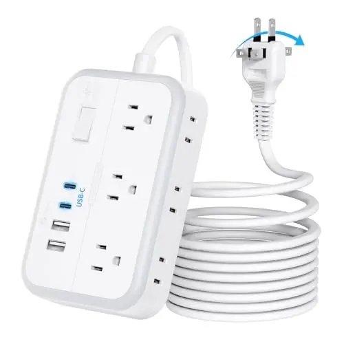 NTONPOWER Extension Cord 15 FT, 1875W Two Prong to Three Prong Outlet Adapter, 1080 Joules Surge Protector Power Strip, Rotating Plug 2 Prong Extension Cord with 4 USB Ports(2 USB C), for Old House - 1