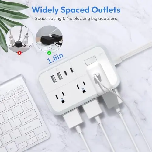 NTONPOWER Сетевой фильтр с 6 розетками, 4 портами USB для зарядки (2 порта USB C), плоский удлинитель 1,5 м, расширитель розеток для дома, офиса, общежития - 5