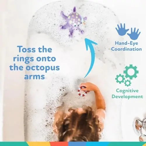 Nuby Floating Purple Octopus Toy with 3 Hoopla Rings - Baby Bath Toy for Boys and Girls 18+ Months - 4
