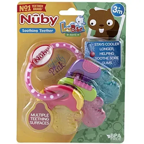 Nuby Ice Gel Teether Keys - Silicone Soothing Baby Teether Toys for Infants - Gentle for Sore Gums Colorful and Fun Toys - Safe and Durable Infant Baby Teething Toy - Pink - 3