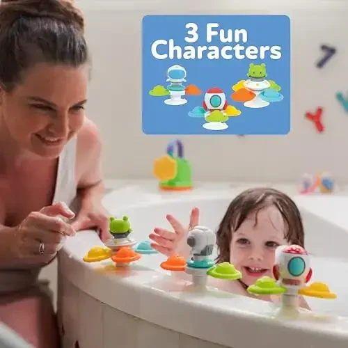 Nuby So‘rg‘ichli Spinner o‘yinchoqlar aylantiruvchi Poppers bilan – Oliy stul va hammom uchun 3 dona chaqaloq o‘yinchoqlari, Kosmik mavzu, 12 oydan ortiq - 6