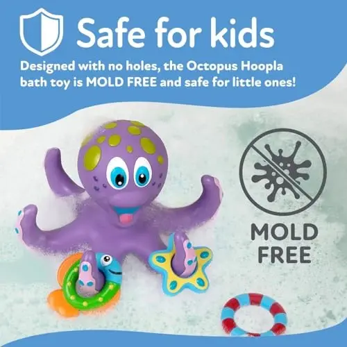 Nuby Floating Octopus with 3 Hoopla Rings - Baby & Toddler Bath Toy - No Hole Design Keeps Moisture Out - Fine Motor Skills - 18+ Months - Great Baby Pool Toys - 3