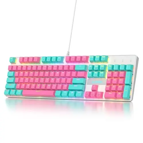surmen Full Size Pink Creamy Keyboard with Number Pad, 104 Keys RGB Wired Mechanical Gaming Keyboard Backlit with PBT Keycaps Linear Red Switch for Laptop Desktop PC Gamers（104 Miami） - SURMEN