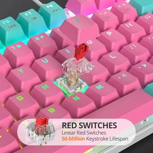 surmen Full Size Pink Creamy Keyboard with Number Pad, 104 Keys RGB Wired Mechanical Gaming Keyboard Backlit with PBT Keycaps Linear Red Switch for Laptop Desktop PC Gamers（104 Miami） - 3