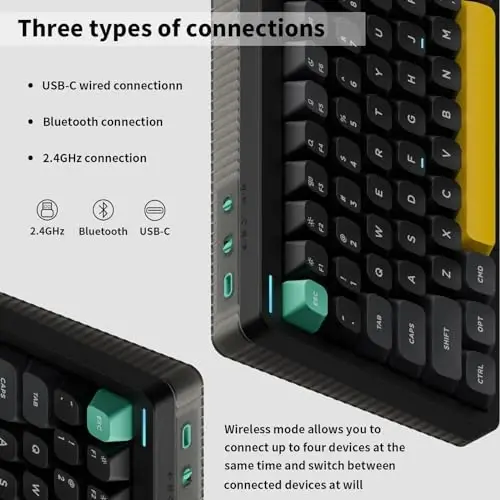 nuphy Halo75 V2 Mechancial Gaming Kyeboard,75% Wireless Hot Swappable Bluetooth Keyboard,83 Kyes RGB Backlit Keyboard,Support Bluetooth/2.4GHz/USB-C (Black, Lemon (55gf)) - 4