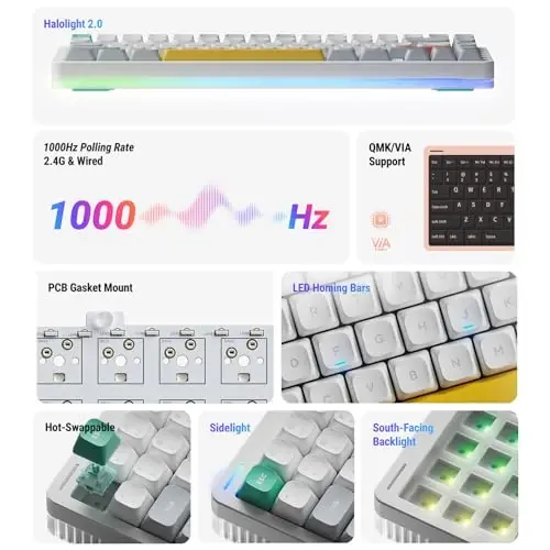 nuphy Halo75 V2 Mechancial Gaming Kyeboard,75% Wireless Hot Swappable Bluetooth Keyboard,83 Kyes RGB Backlit Keyboard,Support Bluetooth/2.4GHz/USB-C (White, Lemon (55gf)) - 5
