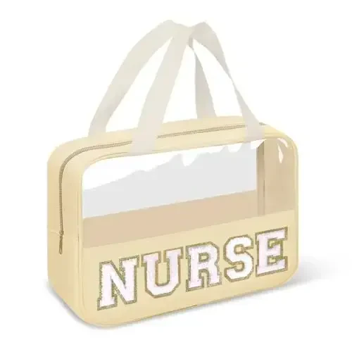 Nurses Week Gifts Chenille Letter Clear NURSE Makeup Bag for Women,Preppy Nurse Cosmetic Pouch Zipper with Handle Nurse Essentials Bag for Work Supplies,Labor and Delivery Nurse Gifts(NURSE-Beige) - 1