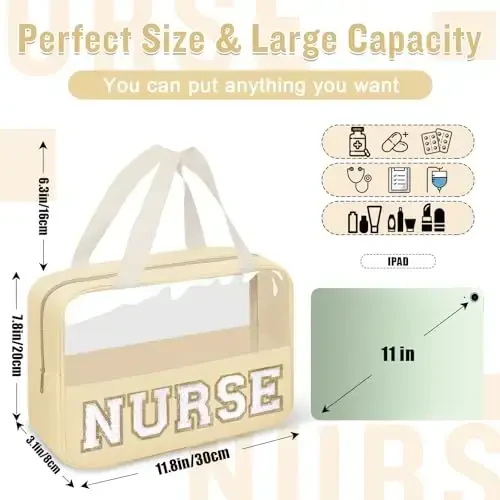 Nurses Week Gifts Chenille Letter Clear NURSE Makeup Bag for Women,Preppy Nurse Cosmetic Pouch Zipper with Handle Nurse Essentials Bag for Work Supplies,Labor and Delivery Nurse Gifts(NURSE-Beige) - 2