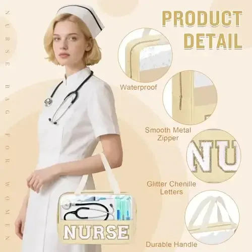 Nurses Week Gifts Chenille Letter Clear NURSE Makeup Bag for Women,Preppy Nurse Cosmetic Pouch Zipper with Handle Nurse Essentials Bag for Work Supplies,Labor and Delivery Nurse Gifts(NURSE-Beige) - 3