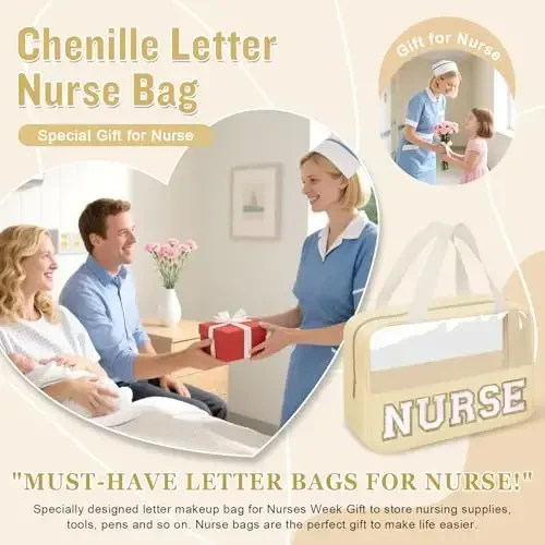 Nurses Week Gifts Chenille Letter Clear NURSE Makeup Bag for Women,Preppy Nurse Cosmetic Pouch Zipper with Handle Nurse Essentials Bag for Work Supplies,Labor and Delivery Nurse Gifts(NURSE-Beige) - 4