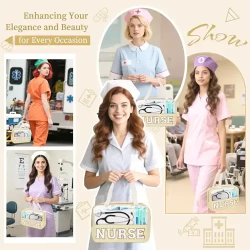 Nurses Week Gifts Chenille Letter Clear NURSE Makeup Bag for Women,Preppy Nurse Cosmetic Pouch Zipper with Handle Nurse Essentials Bag for Work Supplies,Labor and Delivery Nurse Gifts(NURSE-Beige) - 7