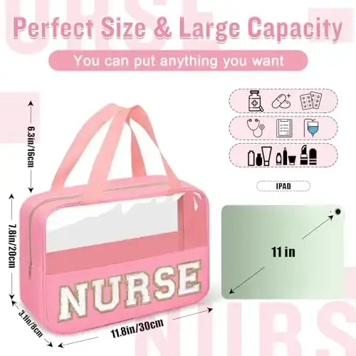 Nurses Week Gifts Chenille Letter Clear NURSE Makeup Bag for Women,Preppy Nurse Cosmetic Pouch Zipper with Handle Nurse Essentials Bag for Work Supplies,Travel Waterproof Toiletry Storage(NURSE-Pink) - NURSES (1)