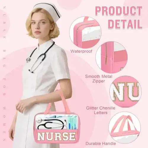 Nurses Week Gifts Chenille Letter Clear NURSE Makeup Bag for Women,Preppy Nurse Cosmetic Pouch Zipper with Handle Nurse Essentials Bag for Work Supplies,Travel Waterproof Toiletry Storage(NURSE-Pink) - 3