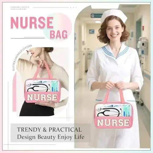Nurses Week Gifts Chenille Letter Clear NURSE Makeup Bag for Women,Preppy Nurse Cosmetic Pouch Zipper with Handle Nurse Essentials Bag for Work Supplies,Travel Waterproof Toiletry Storage(NURSE-Pink) - 5