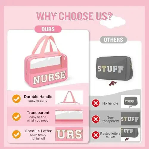 Nurses Week Gifts Chenille Letter Clear NURSE Makeup Bag for Women,Preppy Nurse Cosmetic Pouch Zipper with Handle Nurse Essentials Bag for Work Supplies,Travel Waterproof Toiletry Storage(NURSE-Pink) - 6