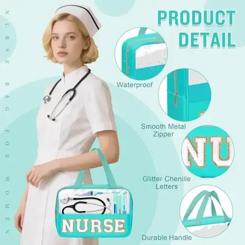 Nurses Week Gifts Chenille Letter NURSE Makeup Bag for Women,Preppy Nurse Cosmetic Pouch Zipper with Handle Nurse Essentials Bag for Work Supplies,Medical Assistant Bag Nursing Students(NURSE-Green) - 3