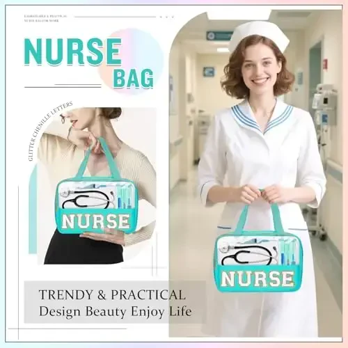 Nurses Week Gifts Chenille Letter NURSE Makeup Bag for Women,Preppy Nurse Cosmetic Pouch Zipper with Handle Nurse Essentials Bag for Work Supplies,Medical Assistant Bag Nursing Students(NURSE-Green) - 5