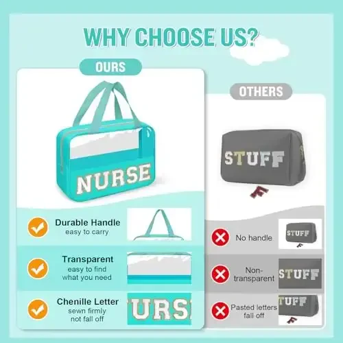Nurses Week Gifts Chenille Letter NURSE Makeup Bag for Women,Preppy Nurse Cosmetic Pouch Zipper with Handle Nurse Essentials Bag for Work Supplies,Medical Assistant Bag Nursing Students(NURSE-Green) - 6