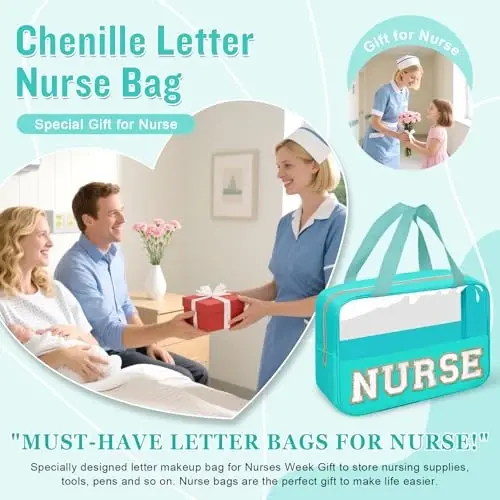 Nurses Week Gifts Chenille Letter NURSE Makeup Bag for Women,Preppy Nurse Cosmetic Pouch Zipper with Handle Nurse Essentials Bag for Work Supplies,Medical Assistant Bag Nursing Students(NURSE-Green) - 4