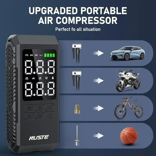 NUSTE Tire Inflator Portable Air Compressor, Air Pump for Car Tires with Digital Pressure Gauge, 150PSI Rechargeable Battery, LED Light, Cordless Bike Tire Pump for Car, Motorcycle, Bicycle and More - 6