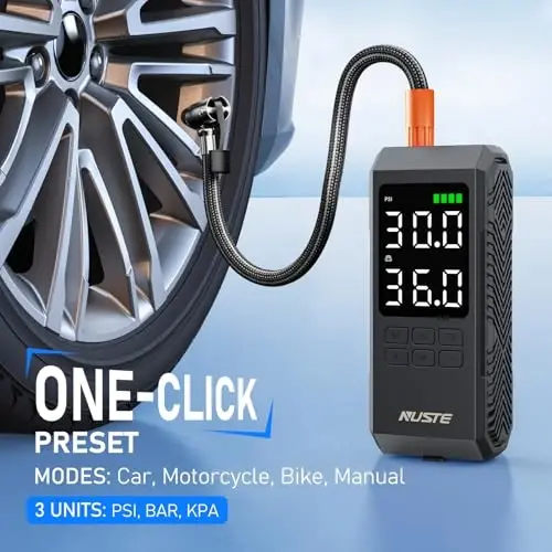 NUSTE Tire Inflator Portable Air Compressor, Air Pump for Car Tires with Digital Pressure Gauge, 150PSI Rechargeable Battery, LED Light, Cordless Bike Tire Pump for Car, Motorcycle, Bicycle and More - 3
