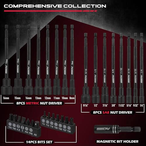 Nut Driver Impact Bit Set - 31-Piece Magnetic Socket Impact Drill Bit Tool Sets Extra Long Hex Nut Setter Driver Holder - Metric SAE Screwdriver Bits 1/4 Drive Shank Adapter Extension - 6