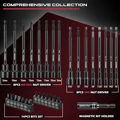 Nut Driver Impact Bit Set - 31-Piece Magnetic Socket Impact Drill Bit Tool Sets Extra Long Hex Nut Setter Driver Holder - Metric SAE Screwdriver Bits 1/4 Drive Shank Adapter Extension - 6