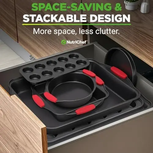 NutriChef 10-Piece Nonstick Kitchen Oven Baking Pans - Premium & Stylish Non-Stick Carbon Steel - Commercial Grade Restaurant Quality Metal Bakeware with Silicone Handles - Easy to Clean, NCSBS10S - 4