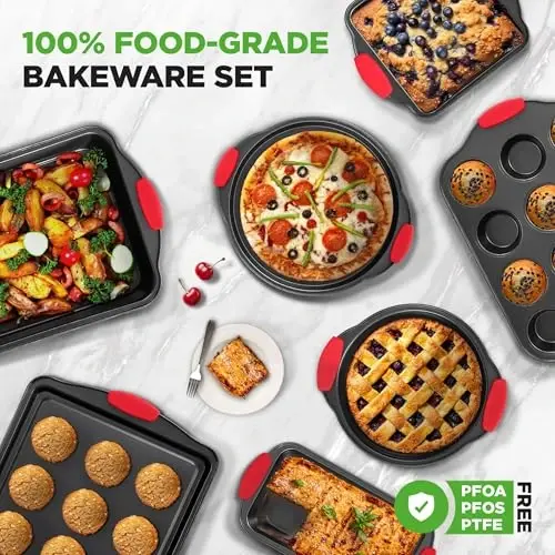 NutriChef 10-Piece Nonstick Kitchen Oven Baking Pans - Premium & Stylish Non-Stick Carbon Steel - Commercial Grade Restaurant Quality Metal Bakeware with Silicone Handles - Easy to Clean, NCSBS10S - NUTRICHEF