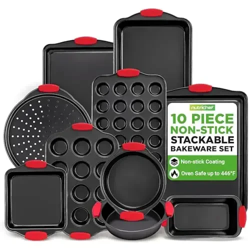 NutriChef 10-Piece Nonstick Kitchen Oven Baking Pans - Premium & Stylish Non-Stick Carbon Steel - Commercial Grade Restaurant Quality Metal Bakeware with Silicone Handles - Easy to Clean, NCSBS10S - 1