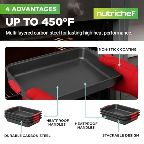 NutriChef 10-Piece Nonstick Kitchen Oven Baking Pans - Premium & Stylish Non-Stick Carbon Steel - Commercial Grade Restaurant Quality Metal Bakeware with Silicone Handles - Easy to Clean, NCSBS10S - 3