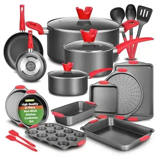NutriChef 21-Piece Nonstick Cookware Set - PTFE/PFOA/PFOS Free Heat Resistant Lacquer Kitchen Ware Pots Pan w/ Cool-Touch Handles, Saucepan, Fry Pans, Lid, Bakeware, For Gas Electric Ceramic Cooktops - 1