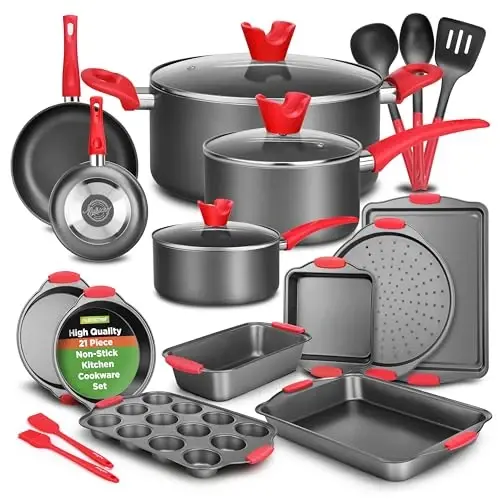 NutriChef 21-Piece Nonstick Cookware Set - PTFE/PFOA/PFOS Free Heat Resistant Lacquer Kitchen Ware Pots Pan w/ Cool-Touch Handles, Saucepan, Fry Pans, Lid, Bakeware, For Gas Electric Ceramic Cooktops - NUTRICHEF