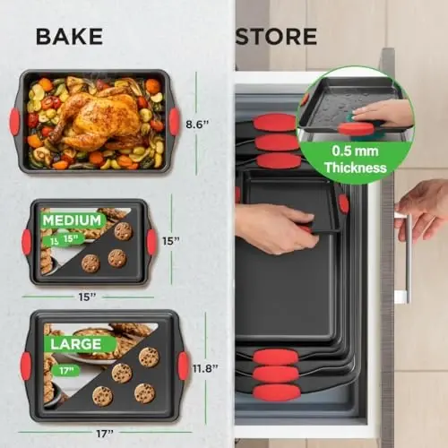 NutriChef 3-Piece Cookie Sheets for Baking, Non-Stick Baking Pans Set with Silicone Handles, Stackable Oven Trays in Small, Medium & Large Sizes for Professional and Everyday Use, 2026 Edition - 4