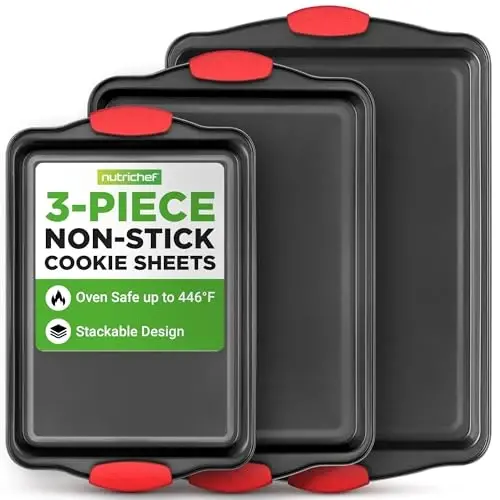 NutriChef 3-Piece Cookie Sheets for Baking, Non-Stick Baking Pans Set with Silicone Handles, Stackable Oven Trays in Small, Medium & Large Sizes for Professional and Everyday Use, 2026 Edition - 1